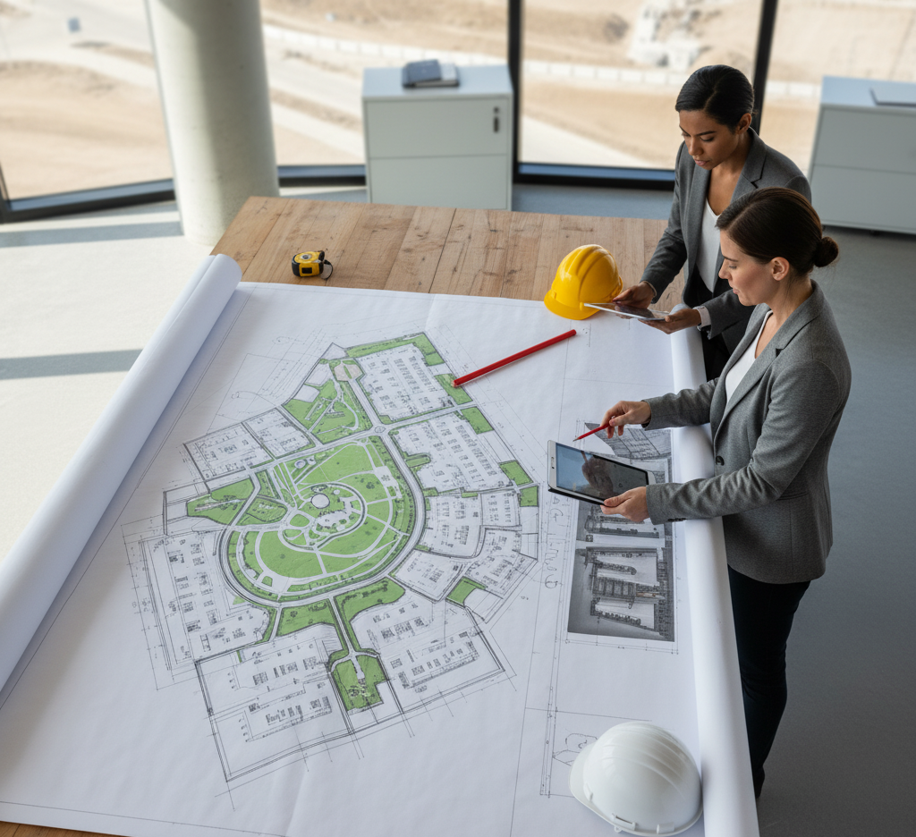 Arquitecto revisando planos de un proyecto de desarrollo urbano